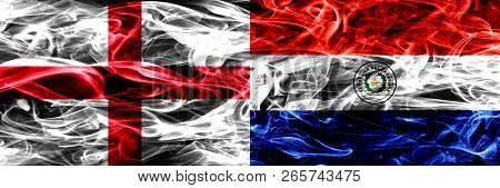 England Vs Paraguay, Paraguayan Smoke Flags Placed Side By Side. Thick Colored Silky Smoke Flags Of 