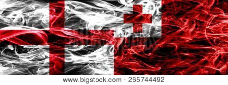 England Vs Tonga, Tongan Smoke Flags Placed Side By Side. Thick Colored Silky Smoke Flags Of English
