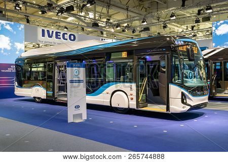 Hannover, Germany - Sep 27, 2018: Iveco Gx 337 E Electric City Bus Showcased At The Hannover Iaa Com