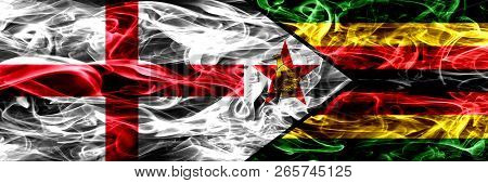 England Vs Zimbabwe, Zimbabwean Smoke Flags Placed Side By Side. Thick Colored Silky Smoke Flags Of 