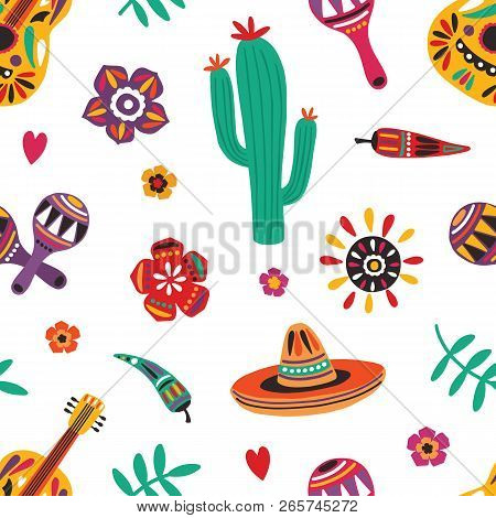 Mexican Seamless Pattern With Traditional Mariachi Sombrero, Guitar, Maracas, Cactus, Pepper, Flower