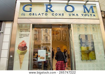 Milan, Italy Gelateria Grom, 05 October 2018 Glass Showcase And Entrance To The Italian Ice Cream Pa
