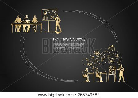 Training Courses - Students Listening To Presentation And Sitting In Classrom Vector Concept Set. Ha