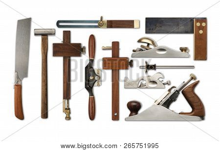 A Selection Of Precision Carpentry Tools On A White Backdrop, With Drop Shadows