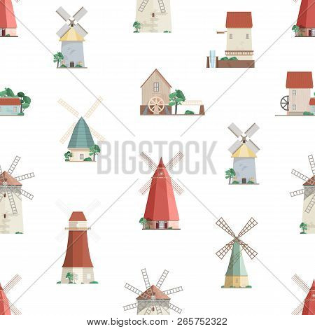 Colorful Seamless Pattern With Watermills And Windmills On White Background. Backdrop With Old Europ