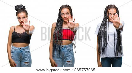 Collage of beautiful braided hair african american woman with birth mark over isolated background doing stop sing with palm of the hand. Warning expression with negative and serious gesture