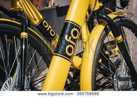 London, Uk - August 1, 2018: Close Up Of A Yellow Ofo Bike On A Street In London. Ofo Is A Dockless 