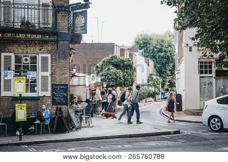 London, Uk - August 1, 2018: People Walking Past La Creperie De Hampstead In Hampstead, An Affluent 