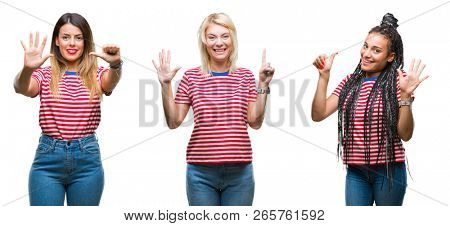 Collage of young women wearing stripes t-shirt over isolated background showing and pointing up with fingers number six while smiling confident and happy.