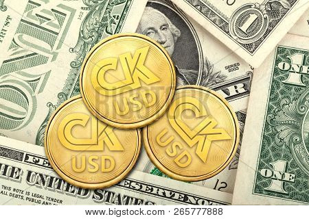 Ck Usd Coins On Us Dollar Bill, Cryptocurrency Concept Photo