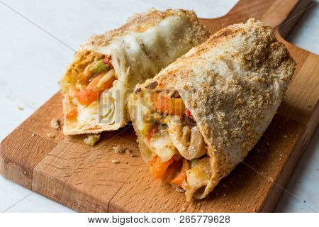 Turkish Avci Boregi / Hunter Pastry Fried Rolls With Chicken And Vegetables. Traditional Food.
