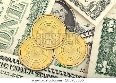 Usdc Coins On Us Dollar Bill, Cryptocurrency Concept Photo
