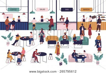 Tiny People Sitting At Tables In Large Hall And Eating And Vendors Staying At Counters. Men And Wome