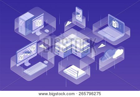 Modern Electronic Devices, Equipment Or Gadgets And Paper Planes Flying Between Them. Data Network M