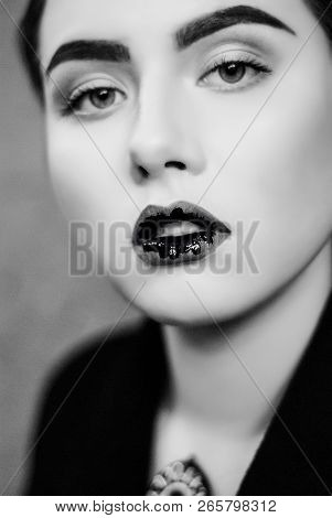 Creative Make Up Of Black Liquid Lips In Close Up Black And White Photo. Creativity In On Stage Make