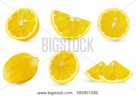 Vector 3d Realistic Sliced Lemon. Isolated Sliced Lemon On White Backgrpund. Citrus Halves.