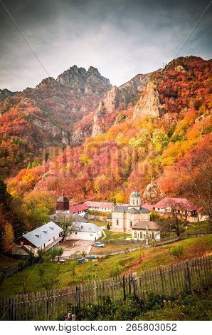 Stanisoara Monastery In Cozia National Park. Autumn In Cozia, Carpathian Mountains, Romania.