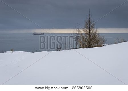 View Of The St. Lawrence Estuary In Winter In Canada
