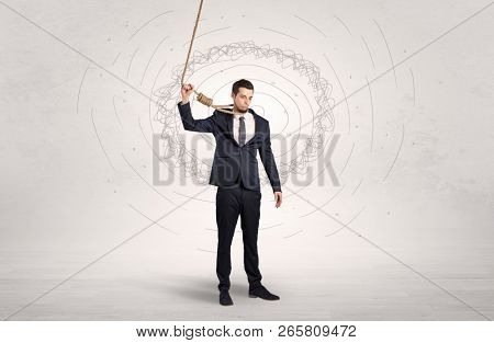 Burnout young elegant businessman trying to suicide with doodle concept