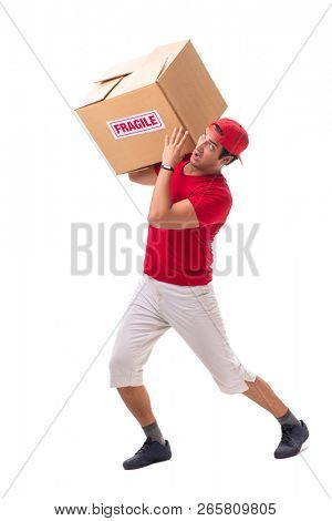 Handsome contractor holding fragile box isolated on white 