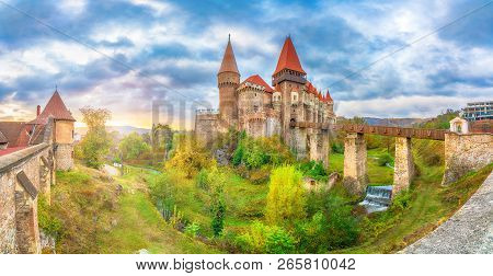 Beautiful Hunyad Corvin Medieval Castle In The Sunset Light, Hunedoara Town,transylvania Landamark, 