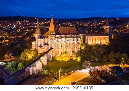 Medieval Hunyad Corvin Castle At Twilight Time, Hunedoara Town,transylvania Regiom,romania,europe