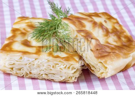 Turkish Style Meat And Cheese Stuffed Filo Dough Borek Served Su Boregi