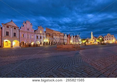 Classic Wide-angle View Of Main Square Of Telc With Renaissance And Baroque Colorful Houses. Public 
