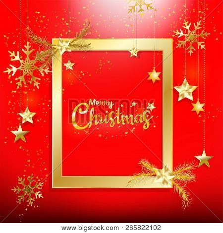 Red Christmas Luxury Background Gold Glitter Confetti Shimmer Golden Stars Hand Snowflakes Hanging W