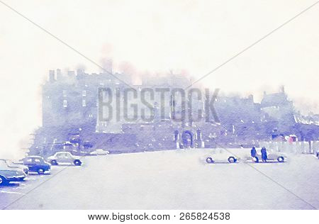 Watercolour Painting Of Edinburgh Castle From The Car Park On A Misty Morning. Washed Out Pale Colou