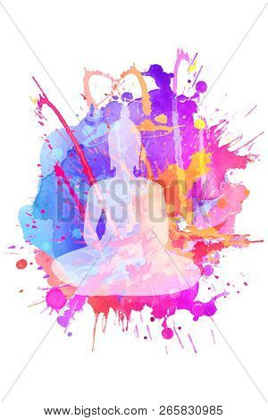 Silhouette Of Buddha Meditating In The Single Lotus Position. Isolated On A Bright Textured Watercol