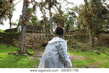 Tourist Exploring The Ruins Inside Kuelap Ancient Fortress Archaeological Site, The Lost City In Ama