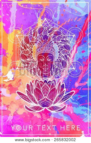 Buddha Head In A Lotus Flower Frame. Hexagram Representing Anahata Chakra In Yoga On A Background. I