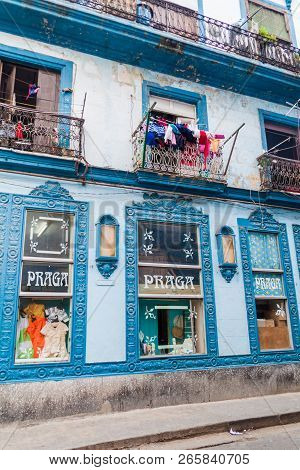 Havana, Cuba - February 20, 2016: Building With A Shop Called Praga In The Center Of Havana.
