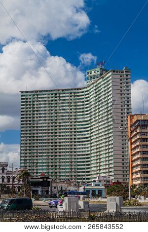 Havana, Cuba - Feb 21, 2016: Focsa Building, The Tallest Building In Cuba, Located In The Vedado Nei