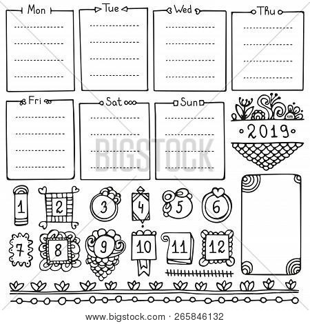 Bullet Journal Hand Drawn Vector Elements For Notebook, Diary And Planner. Doodle Frames Isolated On