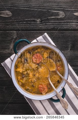Slovak National Christmas Cabbage Soup With Mushrooms On Natural Background.