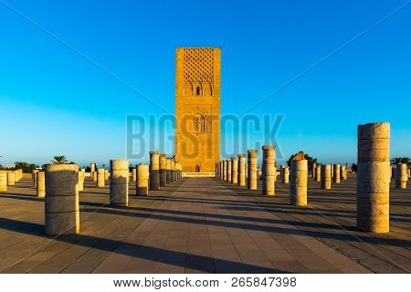 Tousand Years Old Tower Of Hassan Of The Capital Rabat City In Unesco, Morocco In Africa