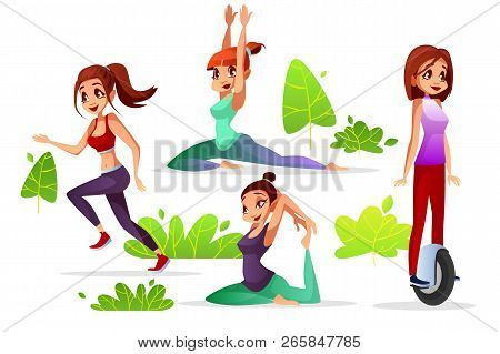 Woman Leisure Illustration Of Young Girl In Park Jogging Or Yoga And Sport Exercise Riding On Electr