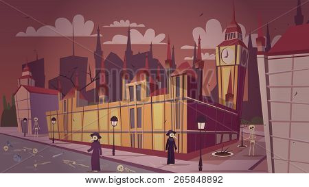 London Plague Epidemic Illustration. Cartoon London Great Bubonic Plague Disease Or Halloween Concep