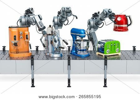 Robotic Arms With Household Kitchen Appliances On The Conveyor Belt, 3d Rendering