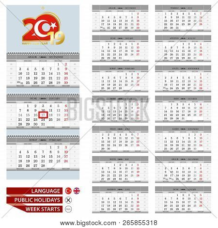 Wall Calendar Planner Template For 2019 Year. Turkish And English Language. Week Starts From Monday.