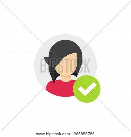 Profile With Checkmark Icon Vector, Flat Cartoon User Account Accepted Symbol With Tick, Approved Or