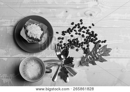 Leaf With Word Coffee Written On. Ceramic Tableware With Coffee, Top View. Cup Of Cappuccino Coffee 