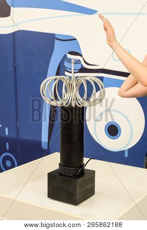 Belgorod, Russia - April 10, 2018: Tesla Electric Coil On Robotics Exhibition. Electrical Discharge 