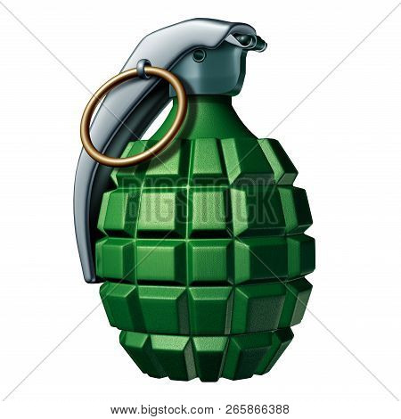 Hand Grenade On A White Background As An Unexploded Bomb Object With A Pin As A Vintage Explosive De