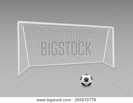Vector Realistic Football Soccer Goal With Grid. Football Goal And Soccer Ball With Shadow - Stock V