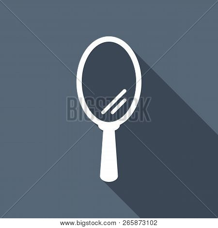 Simple Hand Mirror Icon. White Flat Icon With Long Shadow On Background