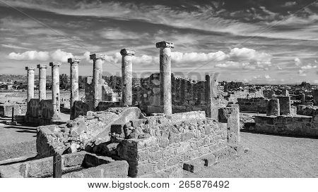 Ancient Ruins Of Kourion City Near Pathos And Limassol, Cyprus. Row Of Columns. Travel Outdoor Backg
