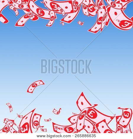British Pound Notes Falling. Messy Gbp Bills On Blue Sky Background. United Kingdom Money. Attractiv